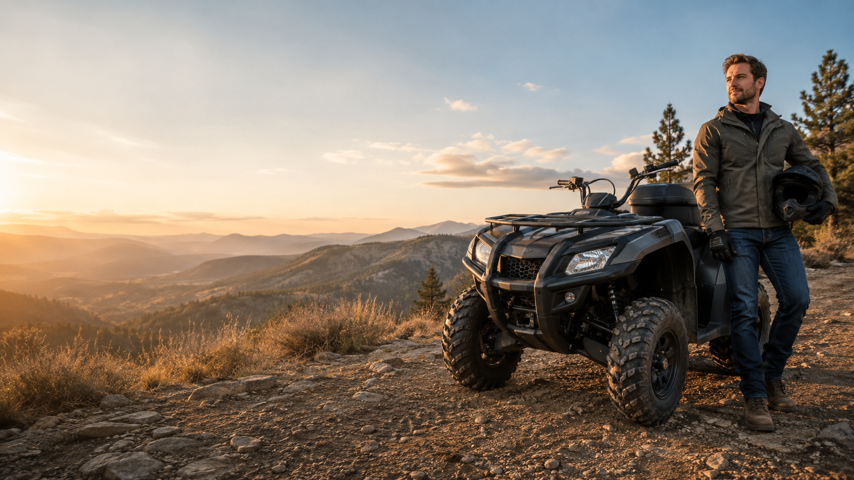Kalamazoo ATV rider overlooking a mountain trail at sunset