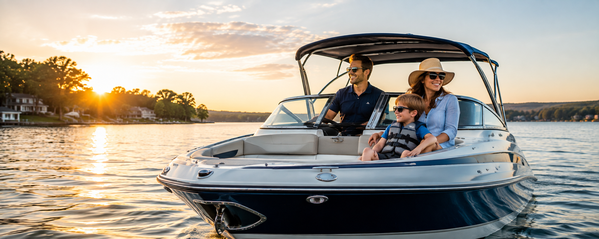 Family on a motorboat at sunset — compare Kalamazoo boat insurance with Vander Ploeg