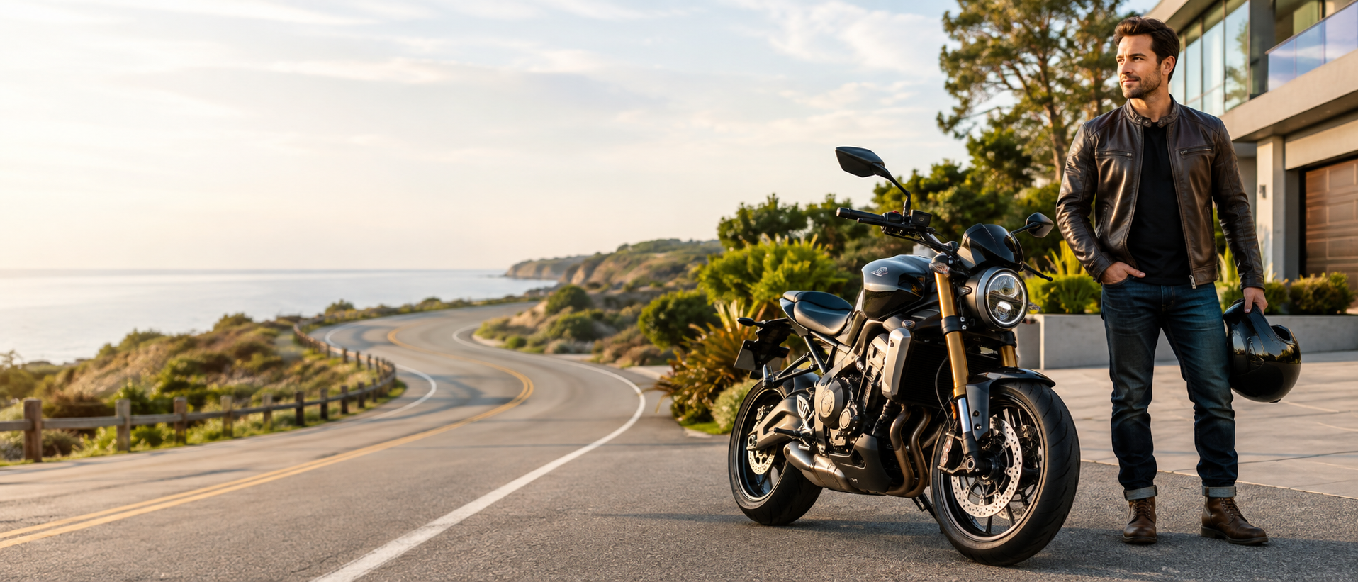 Rider with motorcycle on a coastal road — compare Kalamazoo motorcycle insurance with Vander Ploeg
