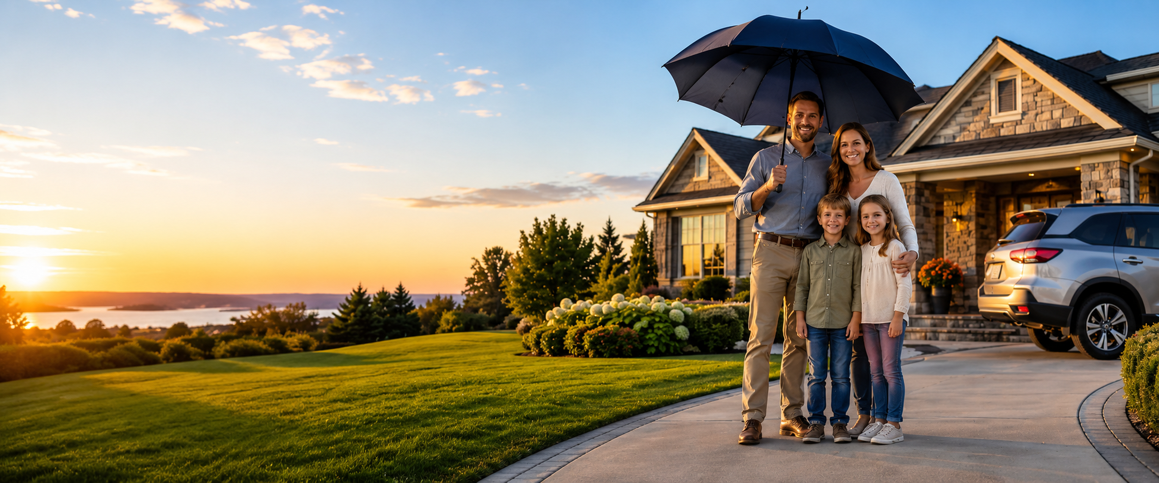 Michigan family protected by an umbrella beside their home and vehicle