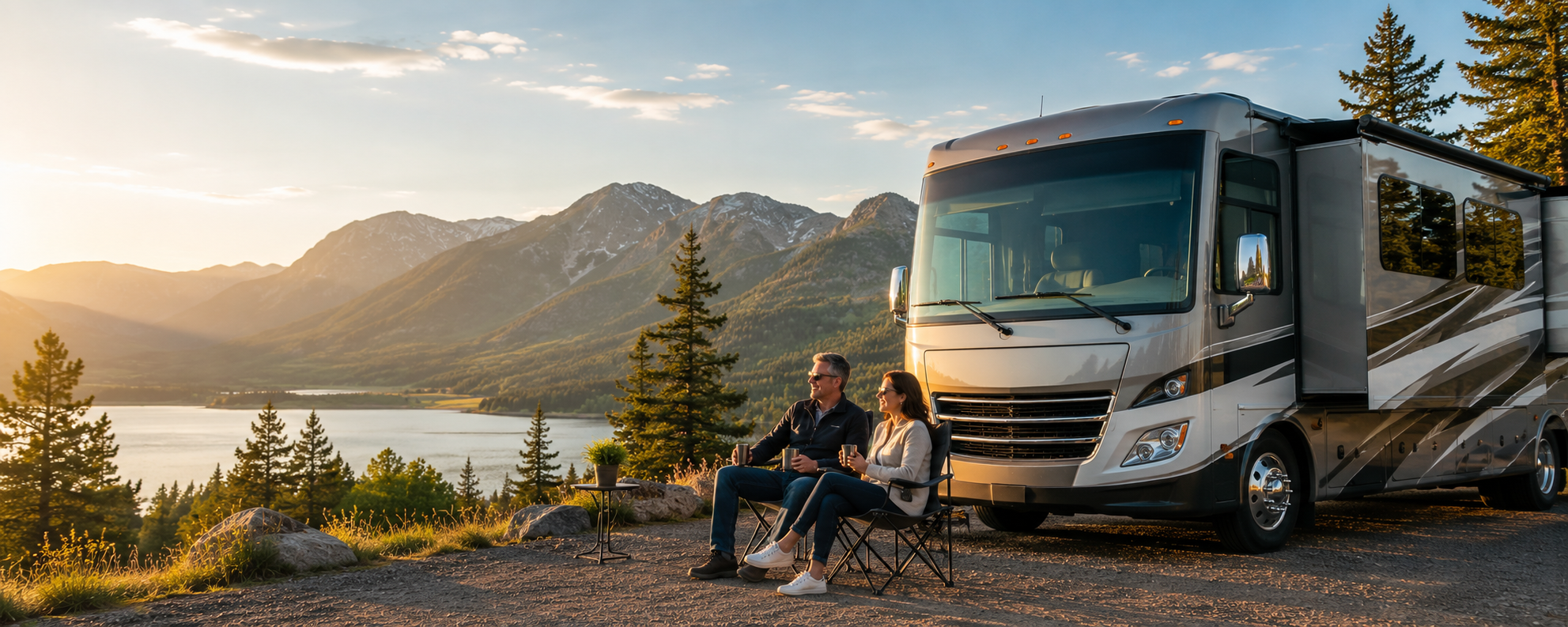 Couple camping beside a motorhome at sunset — compare Kalamazoo RV insurance with Vander Ploeg